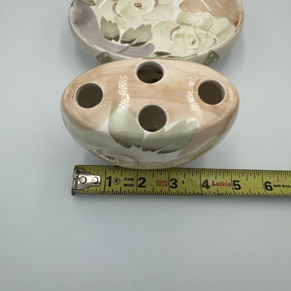 Vintage 90s Floral‎ Ceramic Toothbrush Holder Soap Dish Set Botanical Peach Sage